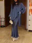 Elegant Puff Sleeve Satin Top & Lace Trim Maxi Skirt Two-Piece Set
