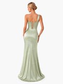 Elegant Satin Asymmetric Draped Neck Waist-Cinched Maxi Dress