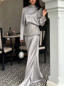 Elegant Satin Mock Neck Top & Mermaid Maxi Skirt Two-Piece Set