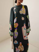 Retro Perfume Bottle Print Long Sleeve Maxi Dress
