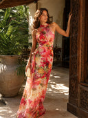 Fashion Floral Chiffon Halter Sleeveless A-Line Maxi Dress