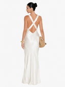 Exquisite Modern Day Glam Satin Lace Trim V-neck Cross Back Maxi Dress
