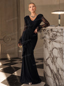 Lace-sleeve Spliced Pleated Maxi Dress