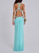 Elegant Rhinestone Halter Cutout Draped Maxi Dress