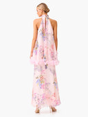 Elegant Pink Floral Applique Halter Maxi Dress