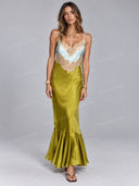 Elegant Color-Block Knit Sweater & Lace Satin Maxi Dress Set