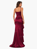 Elegant Satin Ruched Ruffle Slit Maxi Dress