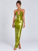 Sexy Sequin Halter Neck Cutout Maxi Dress