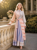 Multicolor Patchwork Stripe Long Sleeve Tie Maxi Shirt Dress