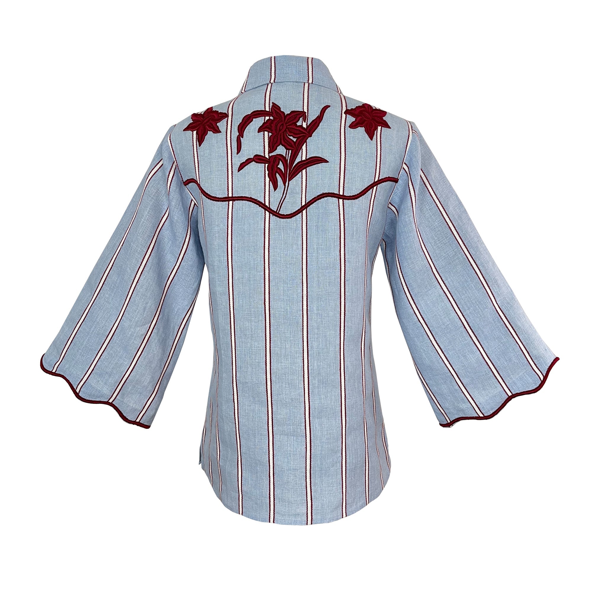 Embroidered Stripe Shirt & Flared Pants Two-Piece Set