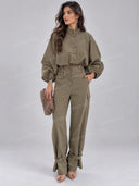 Button-Up Cropped Jacket & High-Waist Cargo Pants Set