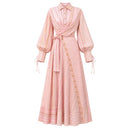 Pink Stripe Print Long Sleeve Waist Tie Maxi Shirt Dress