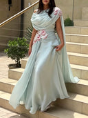 Elegant Draped Floral Applique Cape Chiffon Maxi Dress
