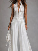 Lace Panel Wide Leg White Jumpsuit