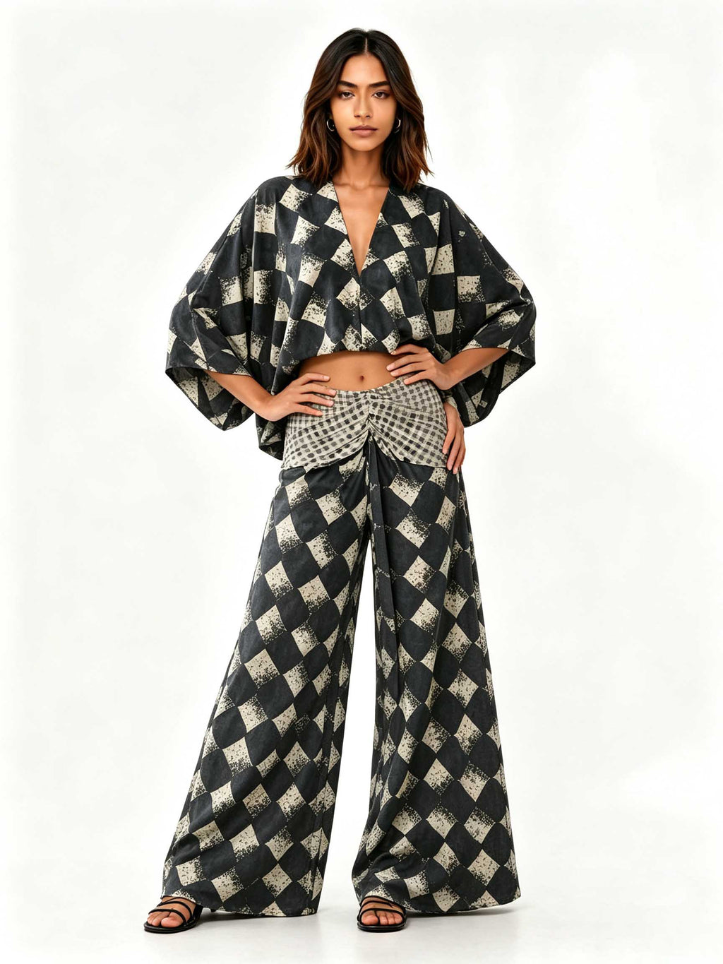 Casual Abstract Plaid Print Kimono Shirt & Pants Two-Piece Set