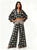 Casual Abstract Plaid Print Kimono Shirt & Pants Two-Piece Set