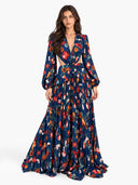 Elegant Navy Floral Print Cutout Maxi Dress