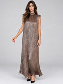 Elegant Pleated Mock Neck Relaxed Maxi Dress