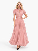 Elegant Lace Trim Pleated Chiffon Maxi Dress