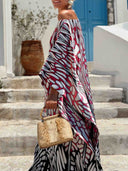 Abstract Print Off Shoulder Satin Kaftan Maxi Dress