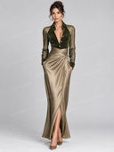 Elegant Velvet Panel Bodysuit & Ruched Wrap Skirt Two Piece Set