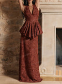 Elegant Halter Neck Lace Peplum Maxi Dress