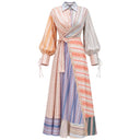Multicolor Patchwork Stripe Long Sleeve Tie Maxi Shirt Dress