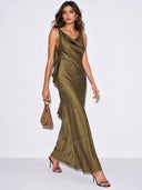 Elegant Satin Draped Cowl Neck Ruffle Maxi Dress