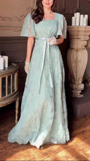 Elegant Square Neck Sheer Tulle Floral Embroidered Maxi Dress