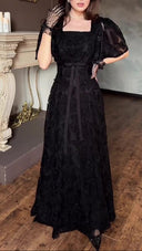 Elegant Square Neck Sheer Tulle Floral Embroidered Maxi Dress