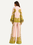 Exquisite Floral Feather Trim Crop Top & Wide Leg Pants Two-Piece Set