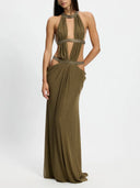 Elegant Rhinestone Halter Cutout Draped Maxi Dress