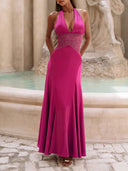Elegant Pleated Halter Neck Lace Satin Maxi Dress