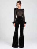 Elegant Lace Feather Trim Velvet Flare Jumpsuit