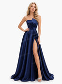 Elegant Strapless Pleated High-Slit Satin Maxi Dress
