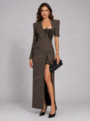 Elegant Lace Panel Blazer Maxi Dress