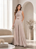 Elegant Draped Cowl Neck Belted Wide-Leg Jumpsuit