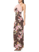 Retro Floral Print Feather Trim Halter Maxi Dress