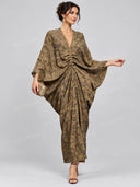 Retro Floral Print Ruched Batwing Sleeve Maxi Dress