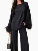 Elegant Feather-Trim Batwing Top & Pants Two-Piece Set