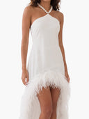 Elegant Pearl Halter Feather Trim Backless Maxi Dress