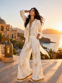 Elegant Butterfly Print Zip-Up Top & Wide Leg Pants Set