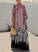 Abstract Print Off Shoulder Satin Kaftan Maxi Dress