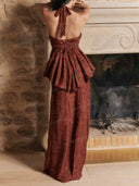 Elegant Halter Neck Lace Peplum Maxi Dress