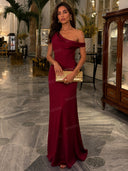 Elegant Burgundy One-Shoulder Draped Satin Maxi Dress