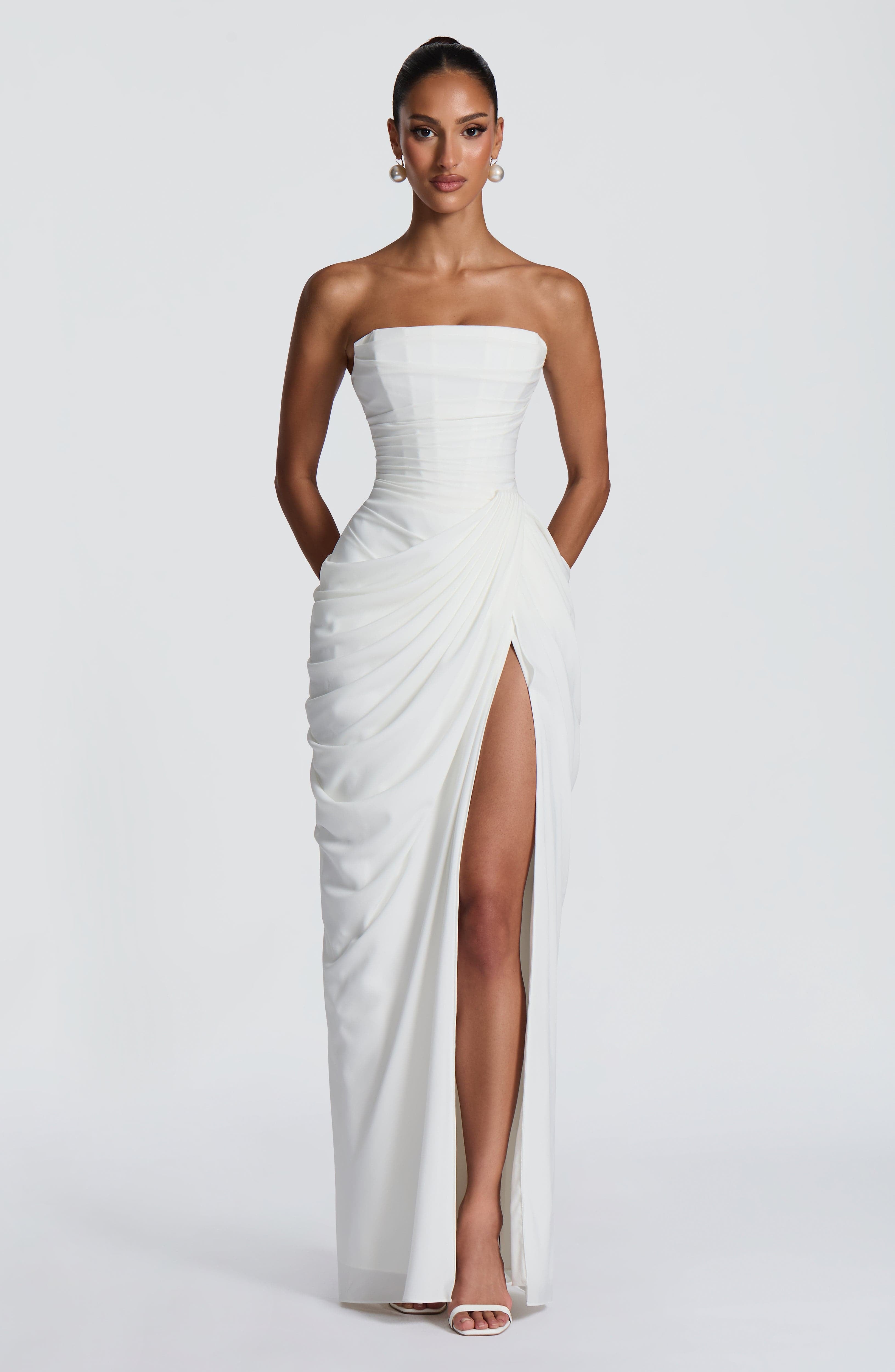 Strapless Pleated Slit Maxi Dress