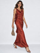 Elegant Satin Draped Cowl Neck Ruffle Maxi Dress