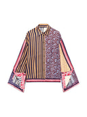 Retro Patchwork Print Shirt & Midi Skirt Two-Piece Set