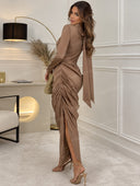Elegant Asymmetric Sleeve Ruched Satin Maxi Dress