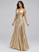 Elegant Metallic Halter Pleated Slit Maxi Dress
